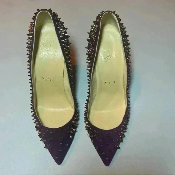 CHRISTIAN LOUBOUTIN Suede Velour Studded Spike Pumps 36 6 100 High Heels Merlot - Picture 3 of 12